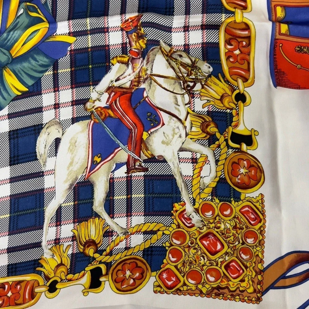 Vintage Italian Silk Square Scarf Navy Blue Plaid Equestrian Carriage Motif‎